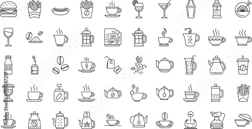 Food and Drink Icon Set with Coffee, Tea, Soft Drinks, Fast Food, and Beverages for Restaurant, Cafe, and Culinary Design Vector Collection