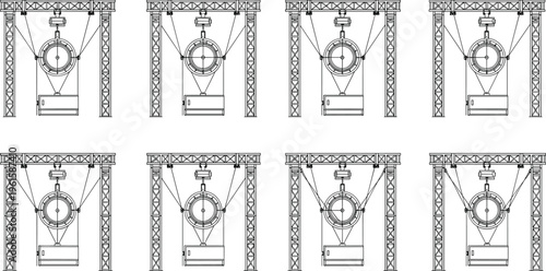 Set of industrial lifting hoist systems with crane frames and suspended loads, mechanical engineering equipment line vector illustration isolated on white background for construction use