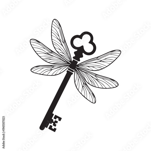 Vintage Skeleton Key with Dragonfly Wings Fantasy Illustration Graphic
