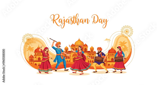 Illustration of traditional Rajasthani dancers celebrating Rajasthan Day with a folk dance performance in colorful attire against a desert-inspired background.