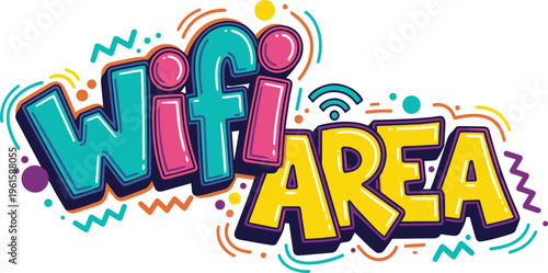 WiFi Area Typography with Colorful Bubble Font and Connection Symbols; Creative Vector Illustration for Public Hotspot Signage, Cafe Decor, and Internet Zone Branding