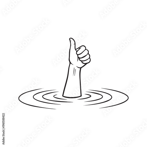 Minimalist Line Art of Drowning Hand Giving Thumbs Up with I'm Fine Text
