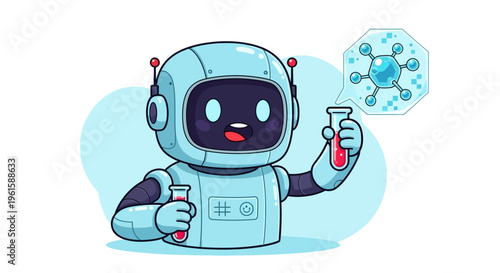 Cute Robot Scientist Holding Test Tubes, Studying Molecule in Lab