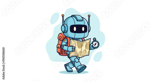 Cute robot with backpack and map exploring, holding a compass, cartoon style