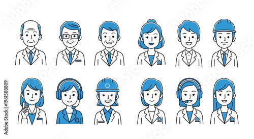 Diverse Professional Team Avatars: Business, Medical, Engineering, Customer Service