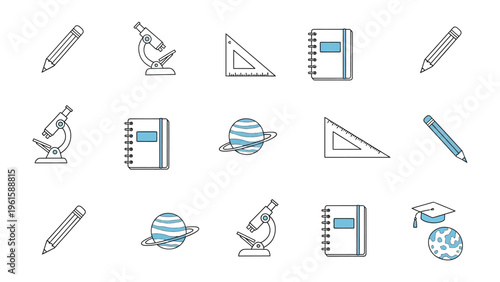 Education Icon Array: A collection of meticulously crafted educational icons, each representing essential tools and symbols of learning. Includes pencils, notebooks, microscopes, rulers, planets.