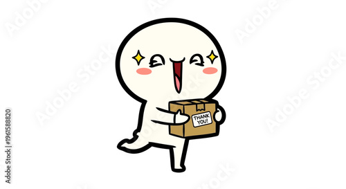 Excited character receiving a package with "Thank You" label