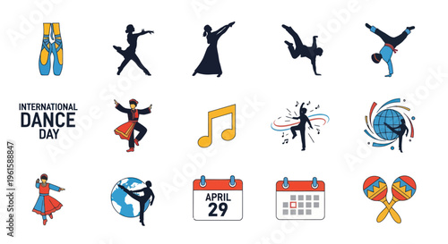 International Dance Day Icons: Diverse Dancers, Music, Calendar, Celebration