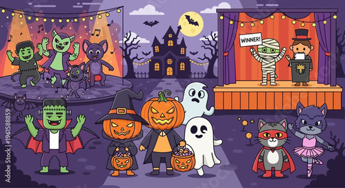 Halloween Party Scene with Costumed Characters and Haunted House Background