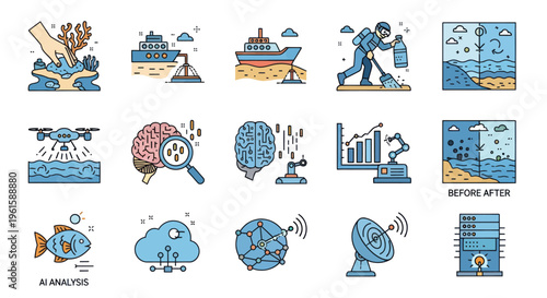Oceanography and Marine Technology Icons: Research, Cleanup, and Data Analysis