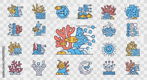 Digital Ocean Technology Icons: Coral, Fish, Circuits, Data Flow