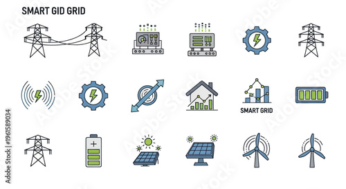 Smart Grid Technology Icons: Energy, Power, Renewable, Battery, Solar, Wind, Control