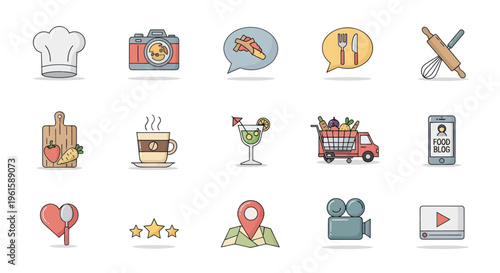 Food Icons Set: Chef Hat, Camera, Food Delivery, Coffee, Cocktail, Blog & More