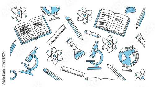 Educational Illustration: An eye-level illustration showcases an assortment of educational tools, perfect for academic or educational theme. 