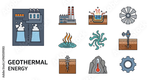 Geothermal Energy Icons: Power Plant, Hot Springs, Drilling, Turbine, Thermometer