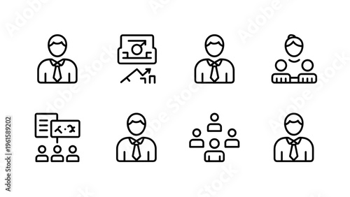 Startup Strategy and Employee Icons Business Management Outline Vector Set