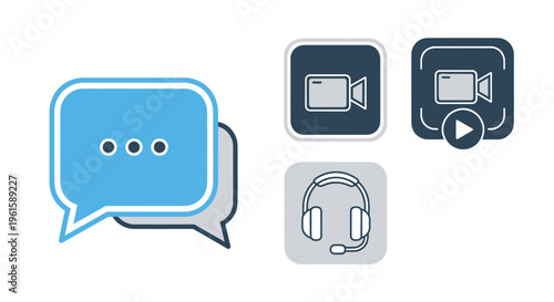 Communication Icons: Chat Bubbles, Video Call, and Headset for Online Support