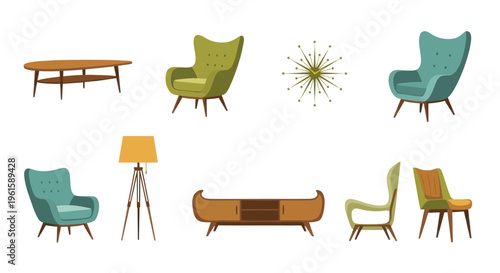 Retro Mid-Century Modern Furniture Collection, Armchairs, Coffee Table, Lamp