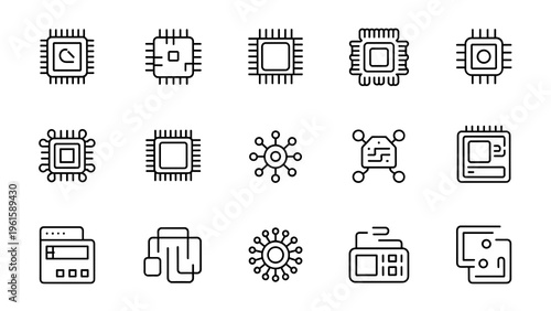 Electronic Circuit Icons Microchip PCB Tech Outline Vector Set