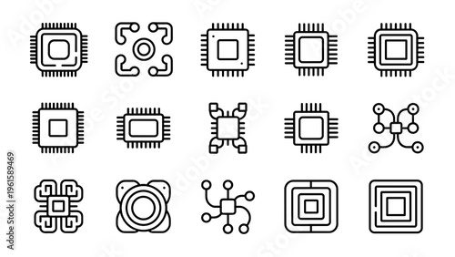 Electronic Circuit Icons Microchip PCB Tech Outline Vector Set