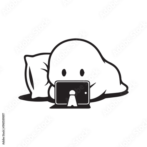 Minimalist Doodle of a Tired Person Lying on the Floor with a Pillow Watching a Smartphone
