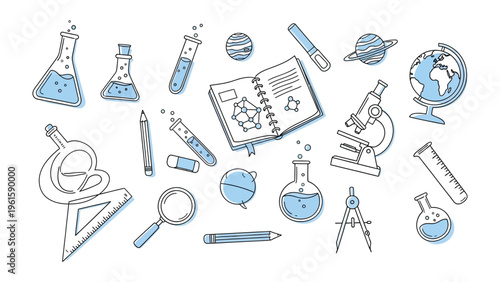 Science Essentials: A meticulously crafted collection of science-themed illustrations, showcasing essential tools and equipment that spark curiosity and inspire discovery. 