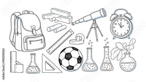 Back to School Essentials Sketch: A meticulously drawn collection of school essentials, including a backpack, scientific instruments, and more, all ready for education.