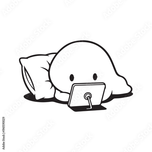Minimalist Doodle of a Tired Person Lying on the Floor with a Pillow Watching a Smartphone
