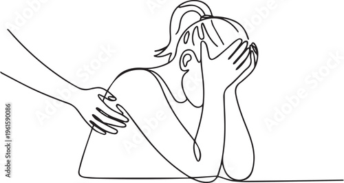 Continuous one line drawing of a person comforting a crying woman. Minimalist linear vector illustration of empathy, mental health support, and friendship.