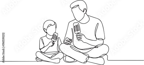 Continuous one line drawing of a father and son sitting and eating ice cream together. Happy family moments and fatherhood concept.