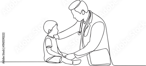 Continuous one line drawing of a male doctor examining a child. Pediatrician checking a kid with a stethoscope. Minimalist linear vector illustration of children's healthcare and medical consultation.