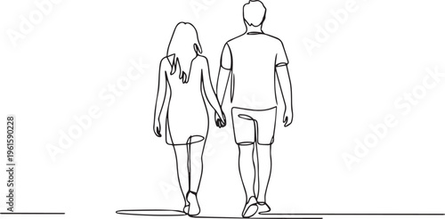Continuous one line drawing of a young couple walking and holding hands. Romantic summer date and relationship concept