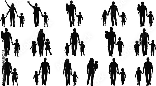 Black family silhouettes depicting diverse parenting and caregiving roles, adults walking with children, holding hands, showcasing love, unity, support, and family relationships on white background
