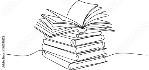 Continuous one line drawing of a stack of books with an open book on top. Concept of education, library, and back to school.