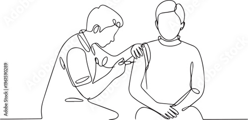 : Continuous line drawing of a doctor or nurse giving a vaccination to a patient. Healthcare and immunization concept.