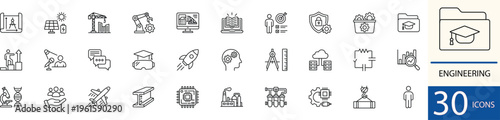 Flat line vector engineering icon set showing construction, machinery, and technical design concepts in clean minimal style. Perfect for industrial, engineering, and technology design use.