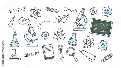 Scientific Exploration Doodle: A whimsical collection of scientific tools and symbols, evoking the spirit of discovery and inquiry.