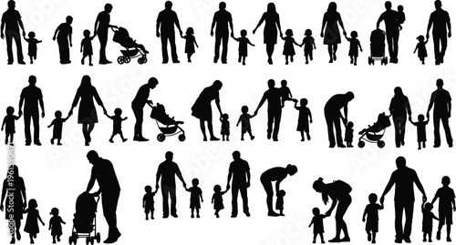 Black silhouettes of parents and children in diverse family poses including walking, holding hands, pushing strollers, and caregiving, perfect for design, education, promotional, and creative artwork 