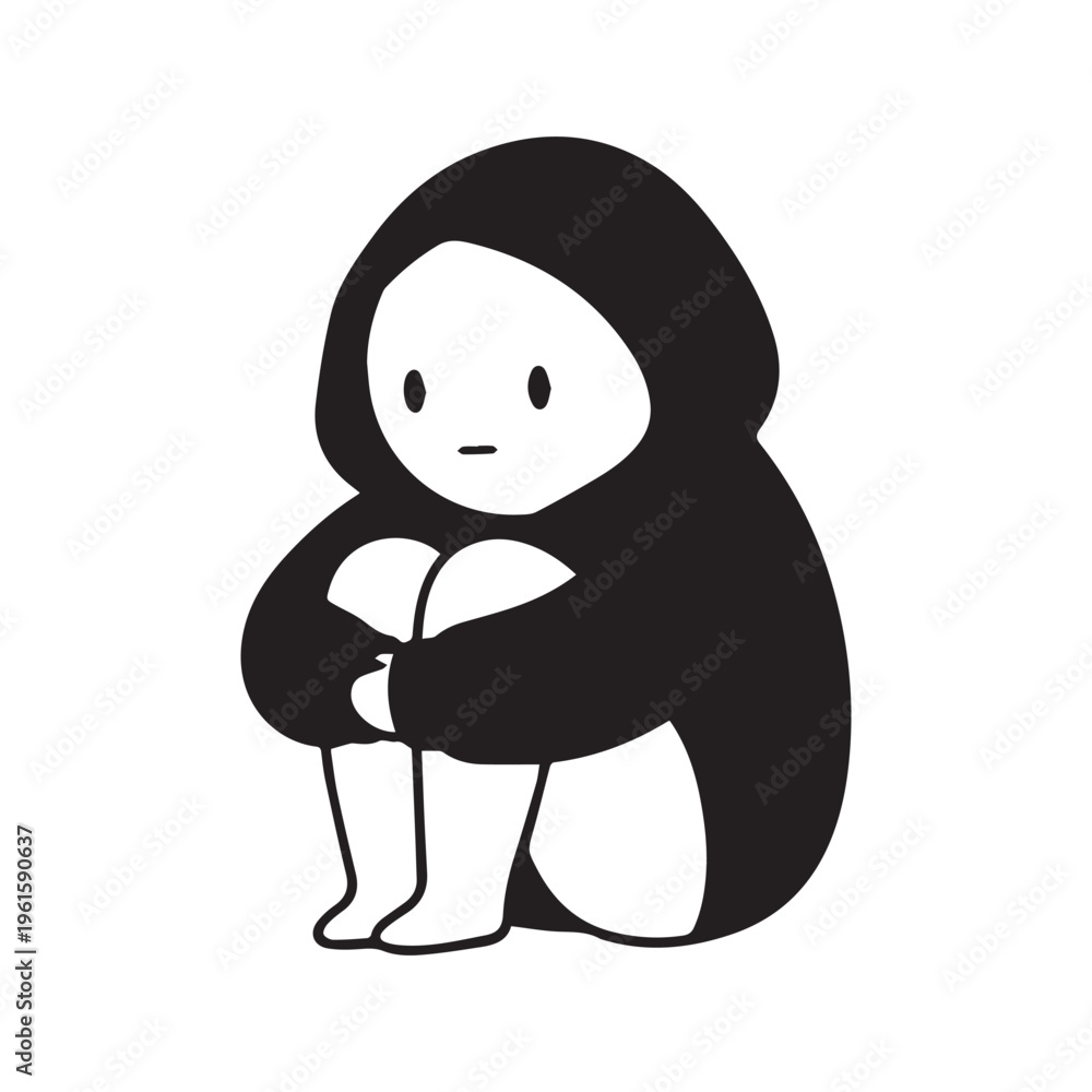 Naklejka premium Minimalist Doodle of Sad Lonely Person Wearing a Hoodie Sitting in Fetal Position