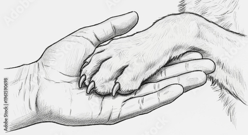 Human hand holding a dog paw in a gesture of friendship and care.