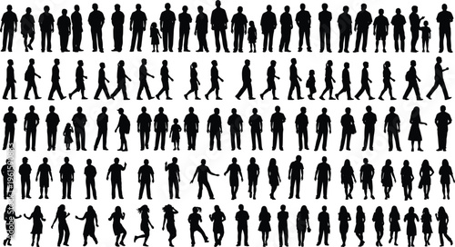 Large collection of black silhouettes featuring people group standing walking and dancing isolated on white background for diverse community business and social crowd projects.