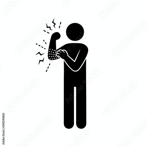 Black and white vector illustration of a person scratching an itchy skin rash on the arm and elbow