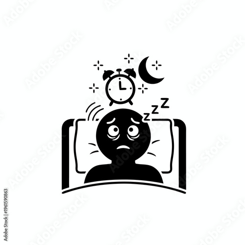 Black and white vector illustration of a person suffering from insomnia and sleep deprivation in bed at night