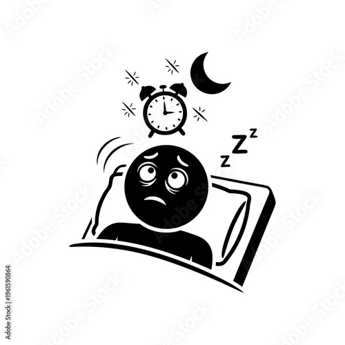 Black and white vector illustration of a person struggling with insomnia and sleep deprivation in bed