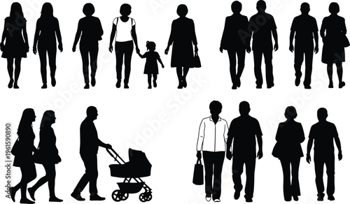 "Silhouette illustration of diverse people walking including adults, children, and stroller figures arranged in rows representing pedestrian activity, social interaction, and urban lifestyle"
