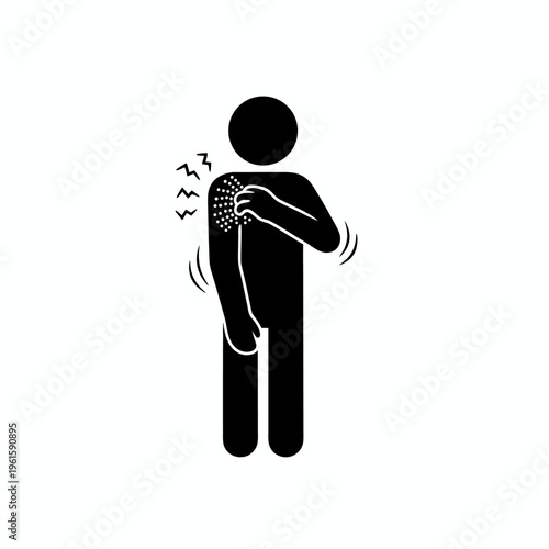 Black and white vector illustration of a person scratching itchy skin rash on shoulder