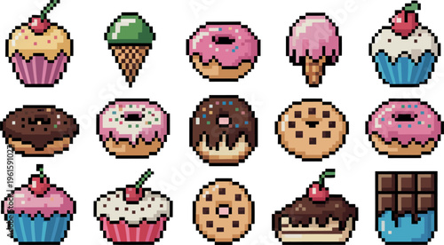  A tempting variety of sweet treats is showcased in a charmingly pixelated format for a fun aesthetic. 