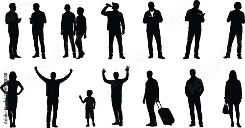 "Silhouette illustration of fourteen diverse people including adults and children in various poses and activities arranged in rows representing posture, gesture, and everyday lifestyle"