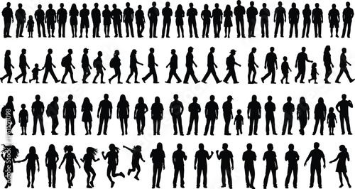 "Silhouette illustration of fourteen diverse people in various poses and activities arranged in rows representing human posture, gesture, lifestyle, and social interaction"