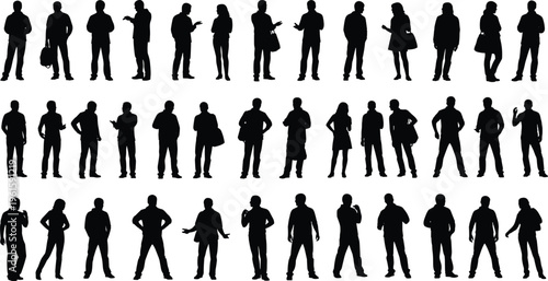 "Silhouette illustration of thirty diverse people in different poses arranged in rows showcasing human posture, gesture, lifestyle, and expressive social interaction"